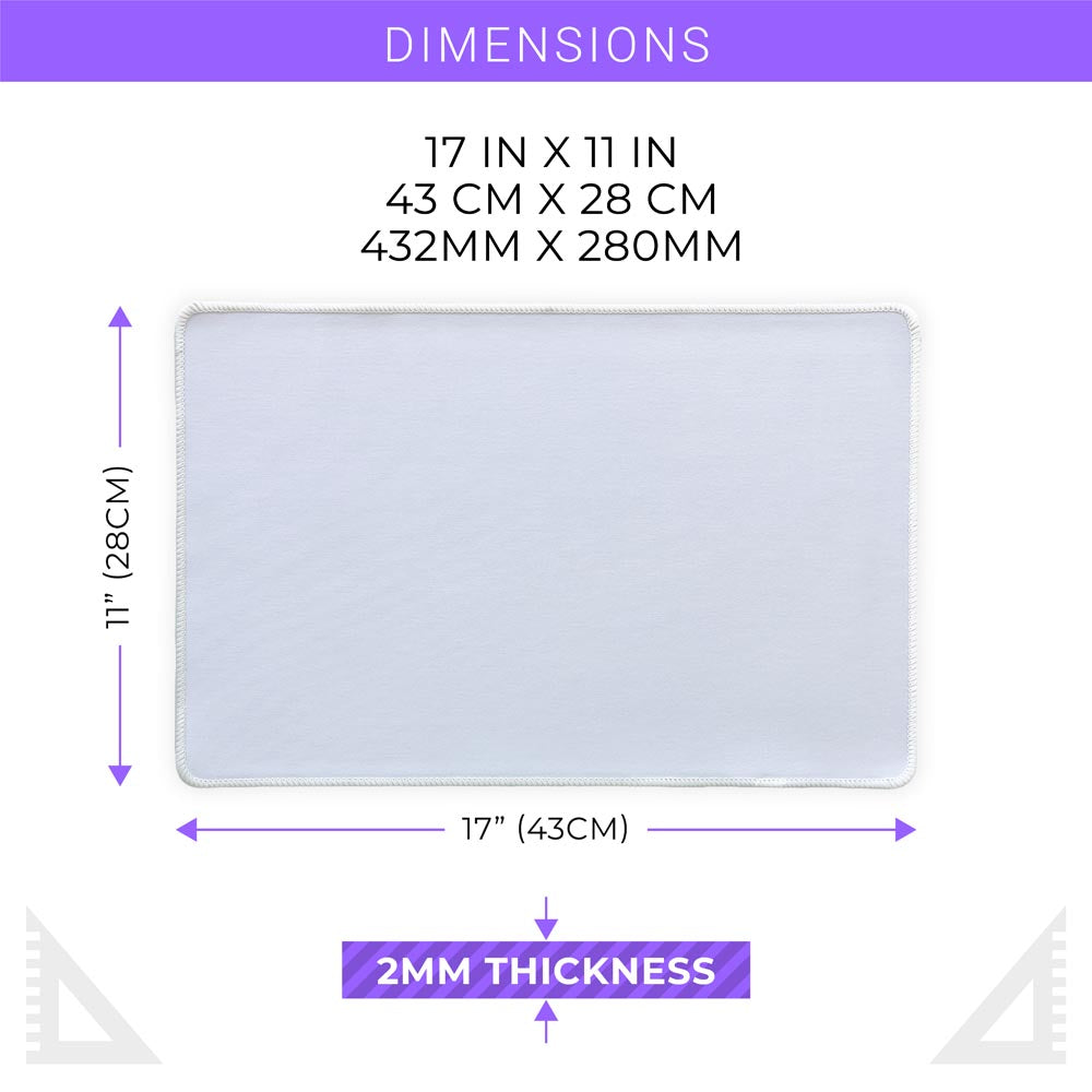 White 17x11 inch sublimation blank mat shown on a desk. Versatile surface works as a large mousepad, placemat, or small playmat. Smooth polyester top with black rubber backing, perfect for crafts, custom designs, and heat press printing. Ideal for personalized gifts, card games, or creative projects.