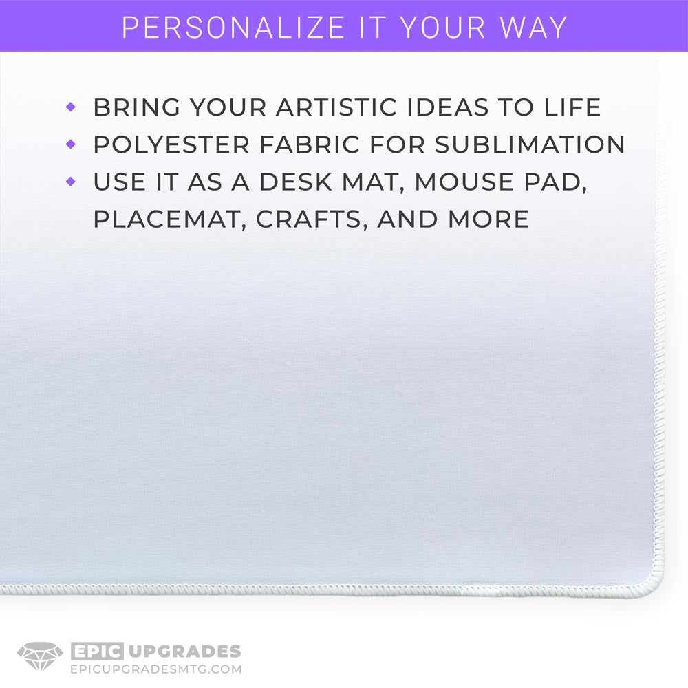 White 17x11 inch sublimation blank mat shown on a desk. Versatile surface works as a large mousepad, placemat, or small playmat. Smooth polyester top with black rubber backing, perfect for crafts, custom designs, and heat press printing. Ideal for personalized gifts, card games, or creative projects.