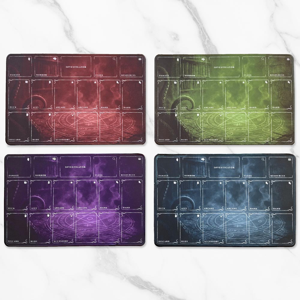 Arkham Horror LCG playmats in multiple colors — premium stitched-edge neoprene mats with investigator zones, damage, horror, arcane, hand, and resource sections. Perfect tabletop accessory for Arkham Horror: The Card Game or other Lovecraft-inspired board games.