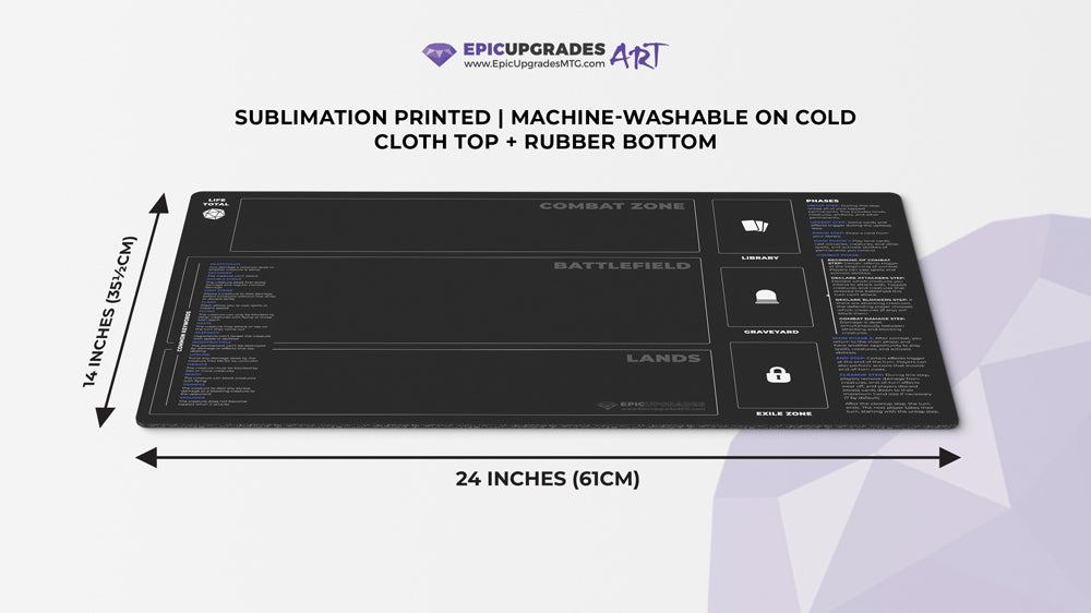 Beginner playmat for magic the gathering players. Rookie play mat mtg newbies with zones, phases, keywords, and life total. 14 by 24 inch dimensions. helpful learning gift for tcg newcomers