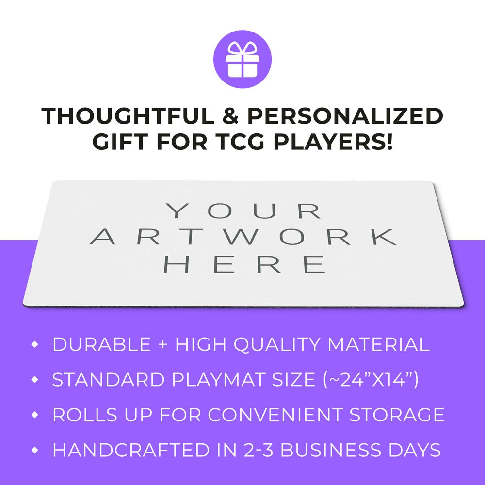 Custom printed playmat for magic the gathering commander EDH FAB Digimon Yugioh Pokemon Lorcana players. Play mat with zones. 24 by 14 inch dimensions. Thoughtful personalized TCG player gift idea.
