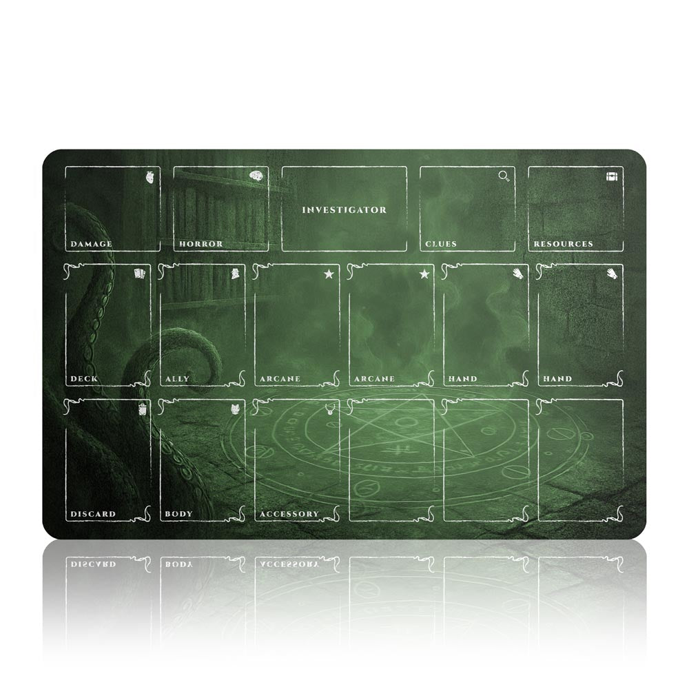 Arkham Horror Card Game Player Mat – 17x11” LCG Investigator Game Mat with Deck Zones – 5 Colors Options – Non-Slip Stitched Edges Playmat