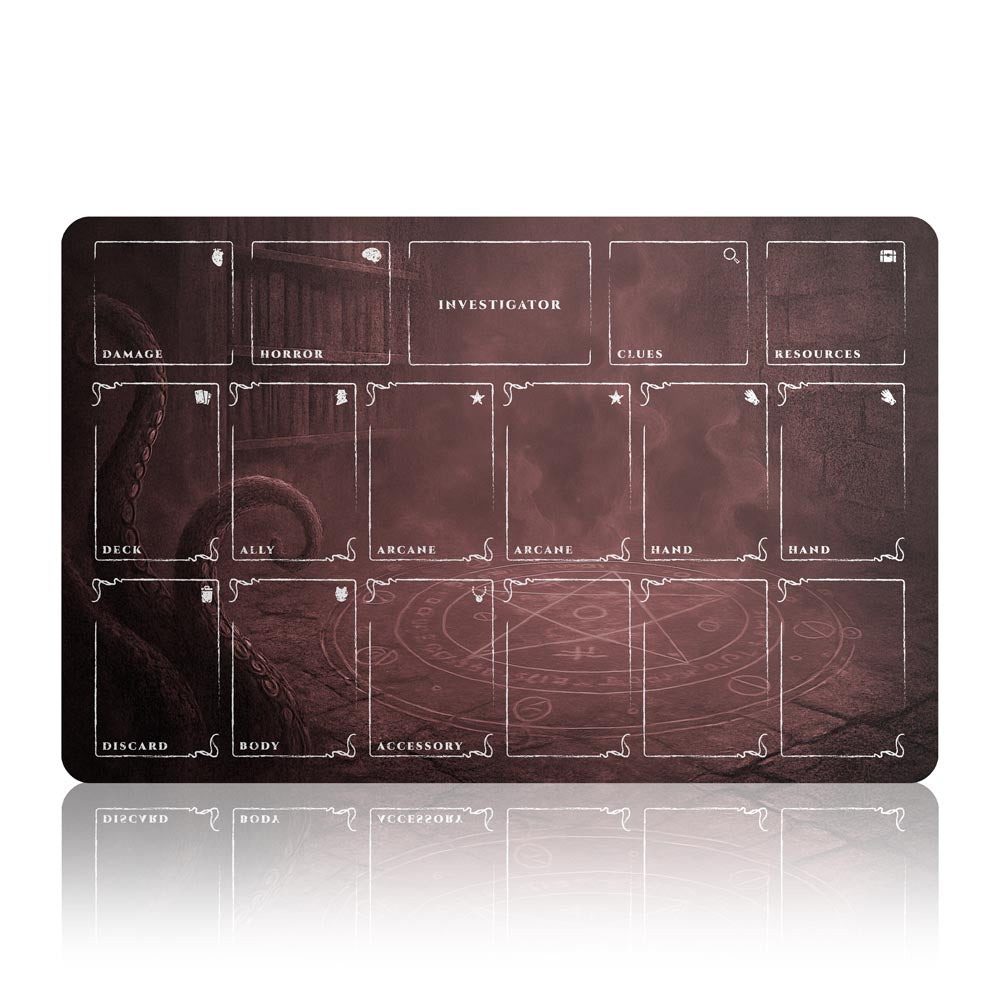 Arkham Horror Card Game Player Mat – 17x11” LCG Investigator Game Mat with Deck Zones – 5 Colors Options – Non-Slip Stitched Edges Playmat