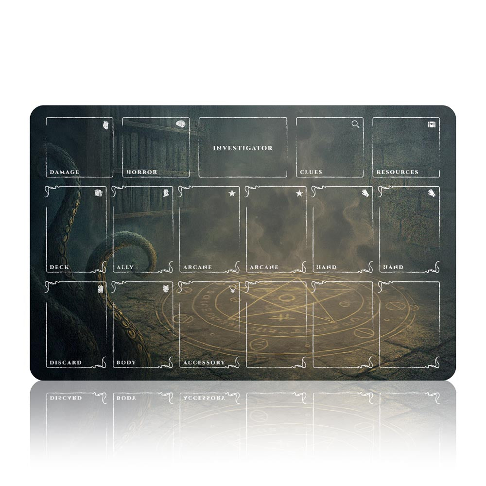 Arkham Horror Card Game Player Mat – 17x11” LCG Investigator Game Mat with Deck Zones – 5 Colors Options – Non-Slip Stitched Edges Playmat