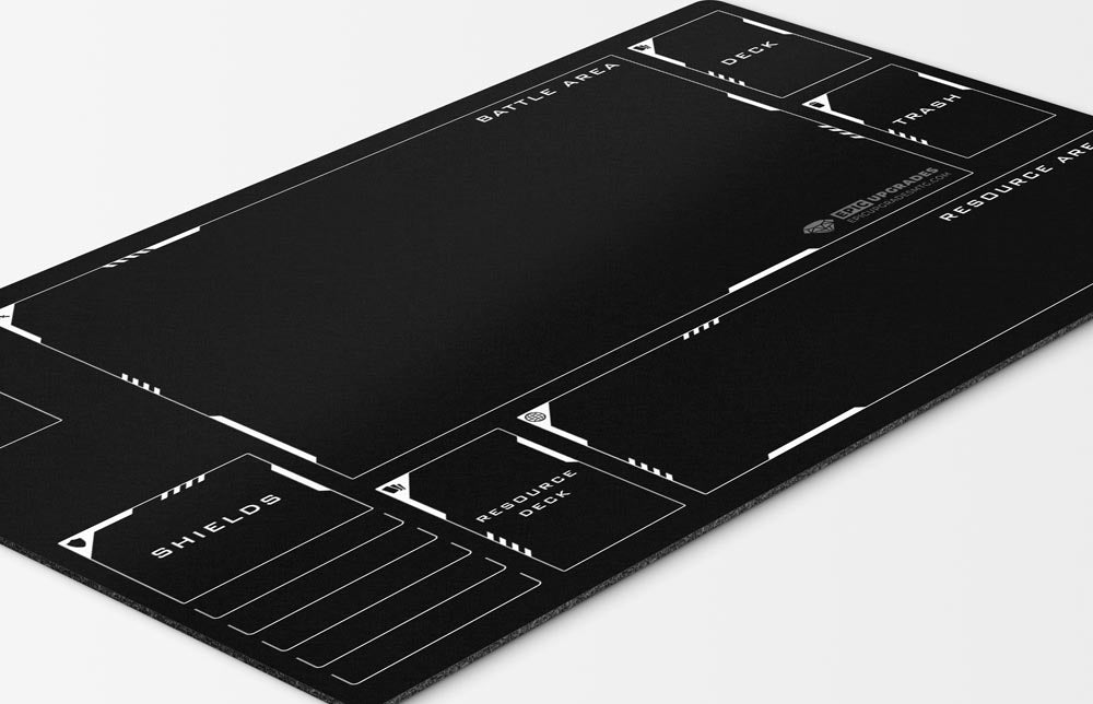 minimalistic playmat for Gundam Card Game players with zones. simple colored GCG card mat. 24 by 14 inch dimensions. helpful learning gift for tcg newcomers. black, red, orange, green, blue, purple, or pink colors available