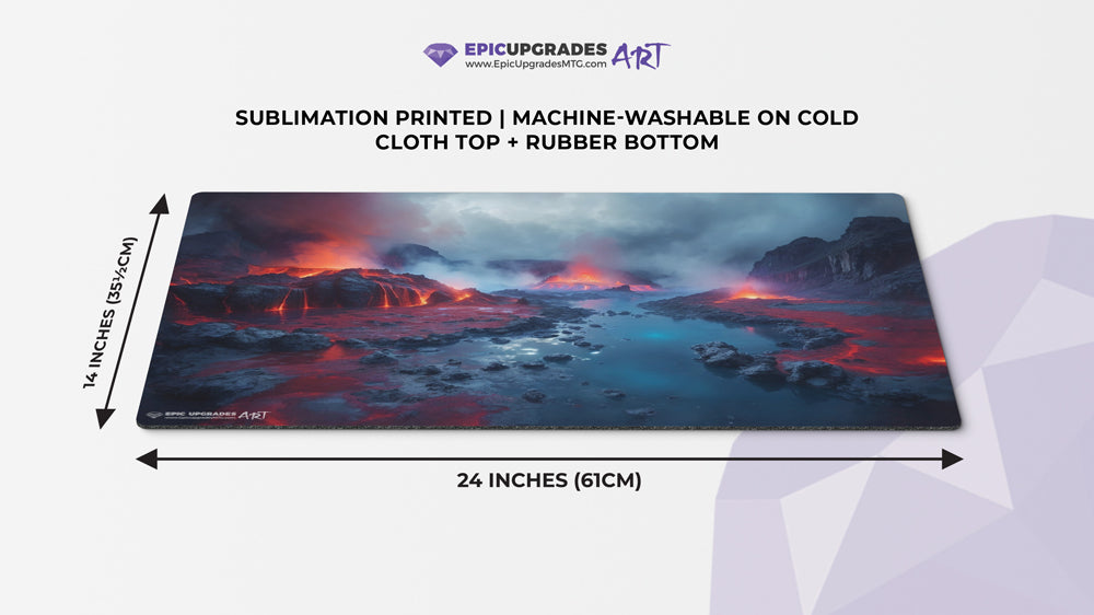 a breathtaking depiction of izzet scalding tarn red blue mountain island. dual land mana mtg player playmat. 24 by 14 inches cloth top rubber bottom.