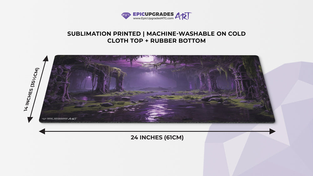 a breathtaking depiction of golgari verdant catacombs green black forest swamp. dual land mana mtg player playmat. 24 by 14 inches cloth top rubber bottom.