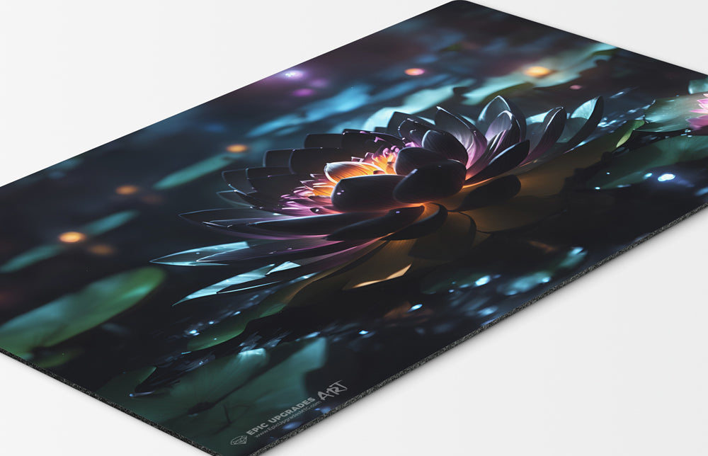 a beautiful black lotus resembling the iconic magic the gathering card. beautiful mtg flower on a body of water in the background. 24 inch by 14 inch play mat