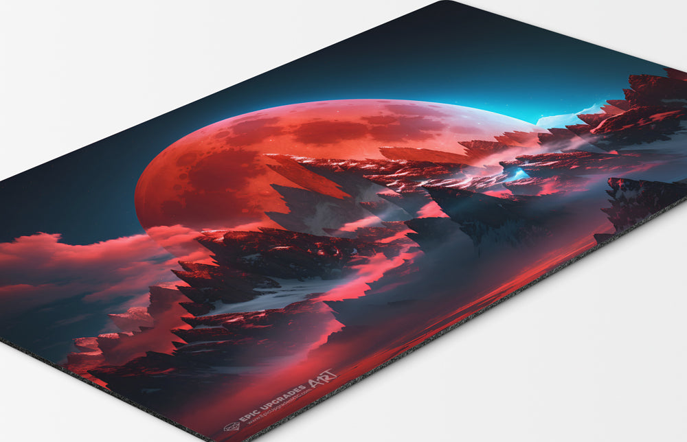 a beautiful scene with an enormous blood moon rising over a snow-covered mountain range. inspired by the iconic magic the gathering card. clouds with angelic light and fog surrounding. mtg play mat 24 inches by 14 inches