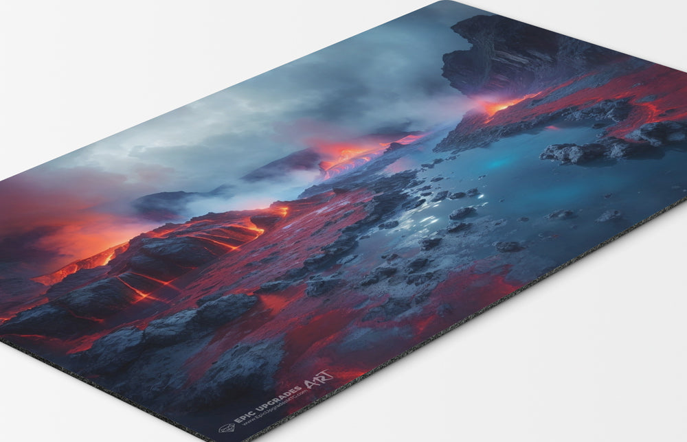 a breathtaking depiction of izzet scalding tarn red blue mountain island. dual land mana mtg player playmat. 24 by 14 inches cloth top rubber bottom.