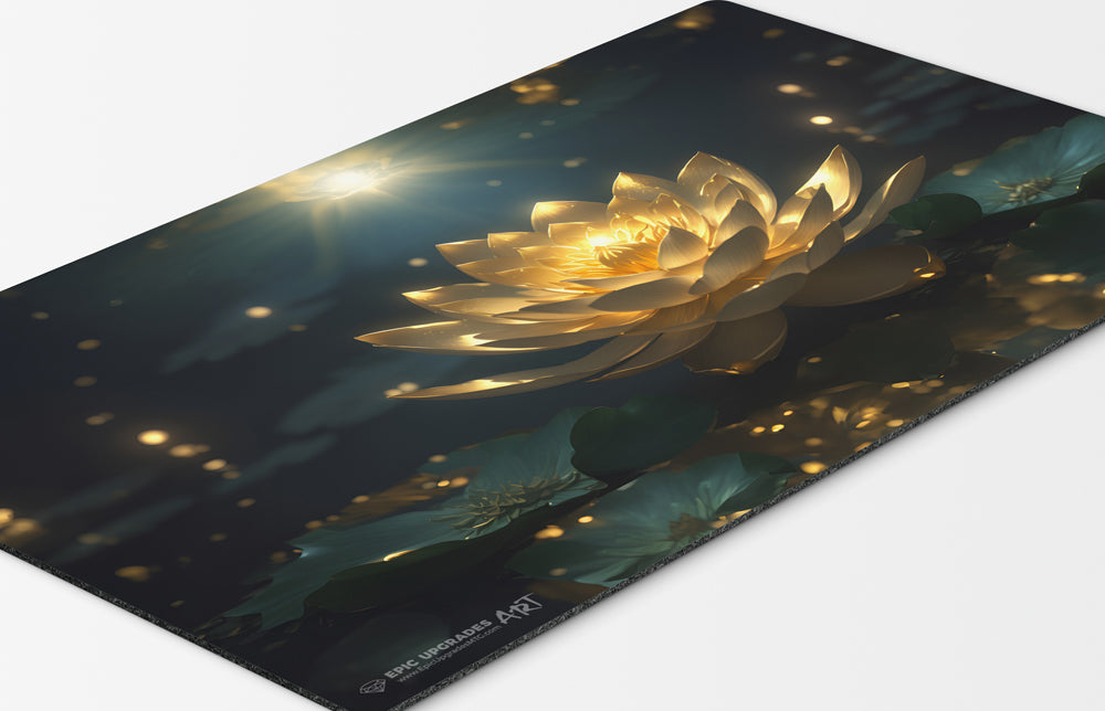 a beautiful scene with a golden gilded lotus inspired by the iconic edh commander card. mtg play mat 24 inches by 14 inches