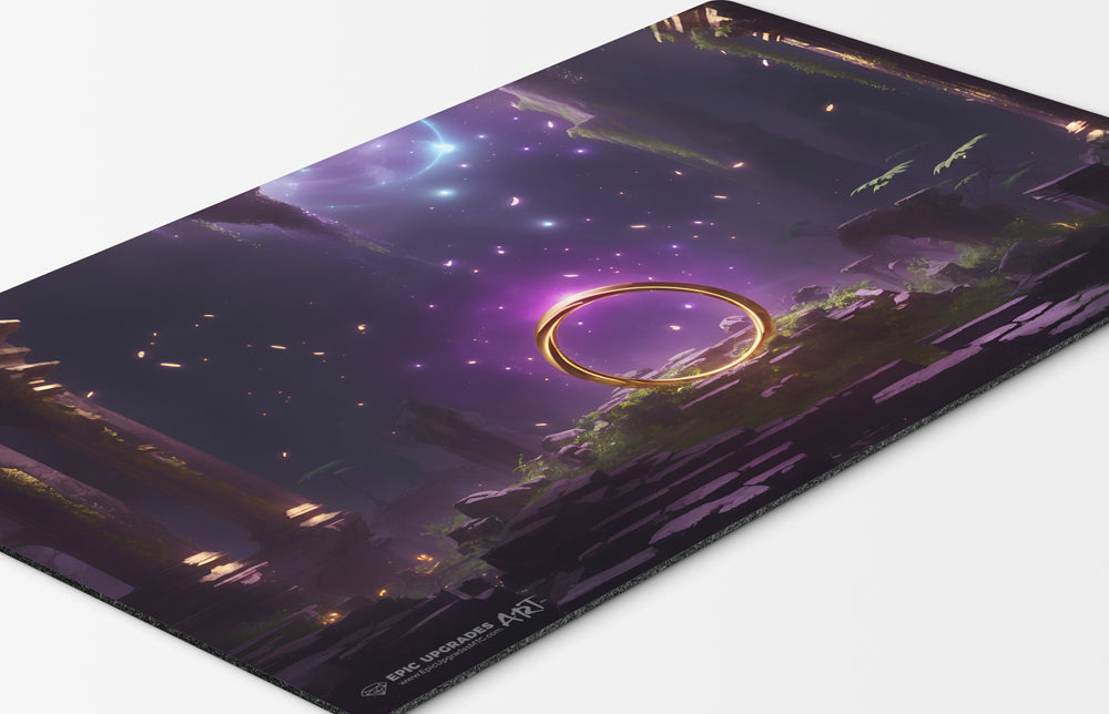 a beautiful scene with a sol ring inspired by the iconic edh commander card. mana rock floating in ancient ruins. mtg play mat 24 inches by 14 inches