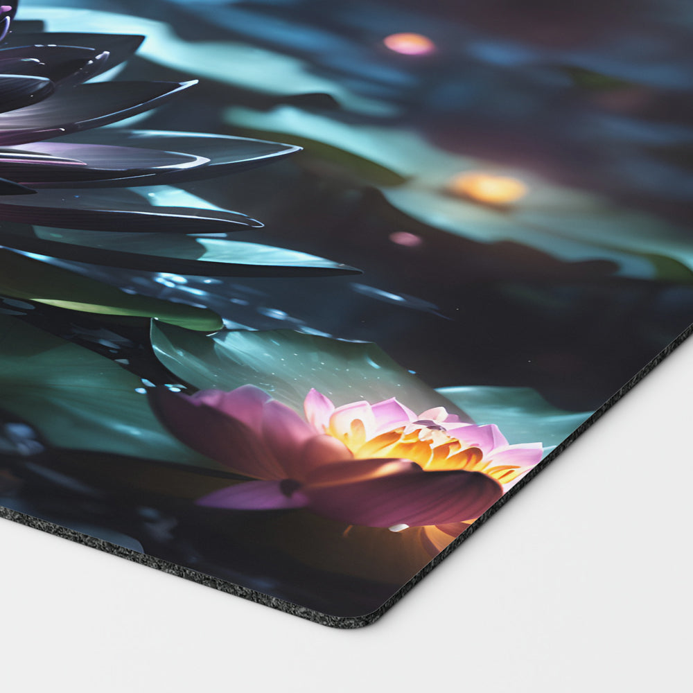 a beautiful black lotus resembling the iconic magic the gathering card. beautiful mtg flower on a body of water in the background. 24 inch by 14 inch play mat