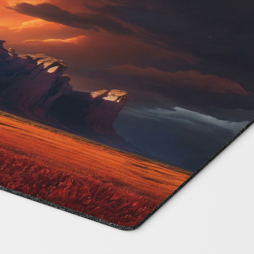 a breathtaking depiction of boros arid mesa red and white plains mountains. dual land mana mtg player playmat. 24 by 14 inches cloth top rubber bottom.