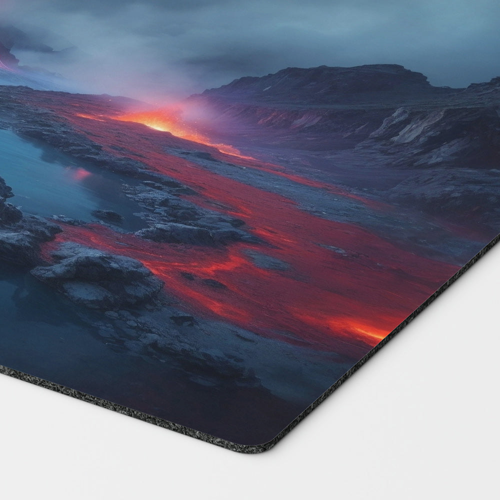 a breathtaking depiction of izzet scalding tarn red blue mountain island. dual land mana mtg player playmat. 24 by 14 inches cloth top rubber bottom.