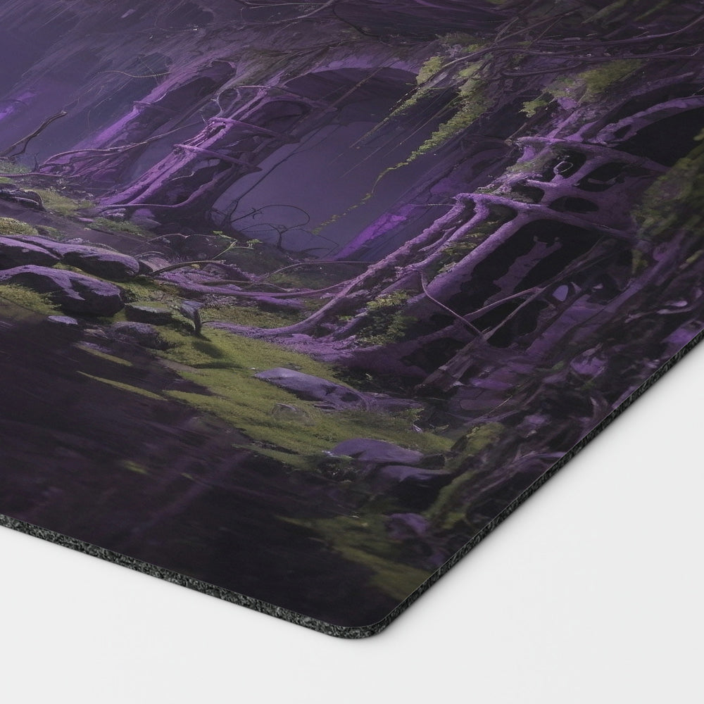 a breathtaking depiction of golgari verdant catacombs green black forest swamp. dual land mana mtg player playmat. 24 by 14 inches cloth top rubber bottom.