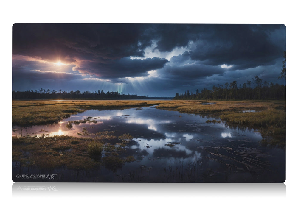 a breathtaking depiction of orzhov marsh flats plains swamp black white. dual land mana mtg player playmat. 24 by 14 inches cloth top rubber bottom.