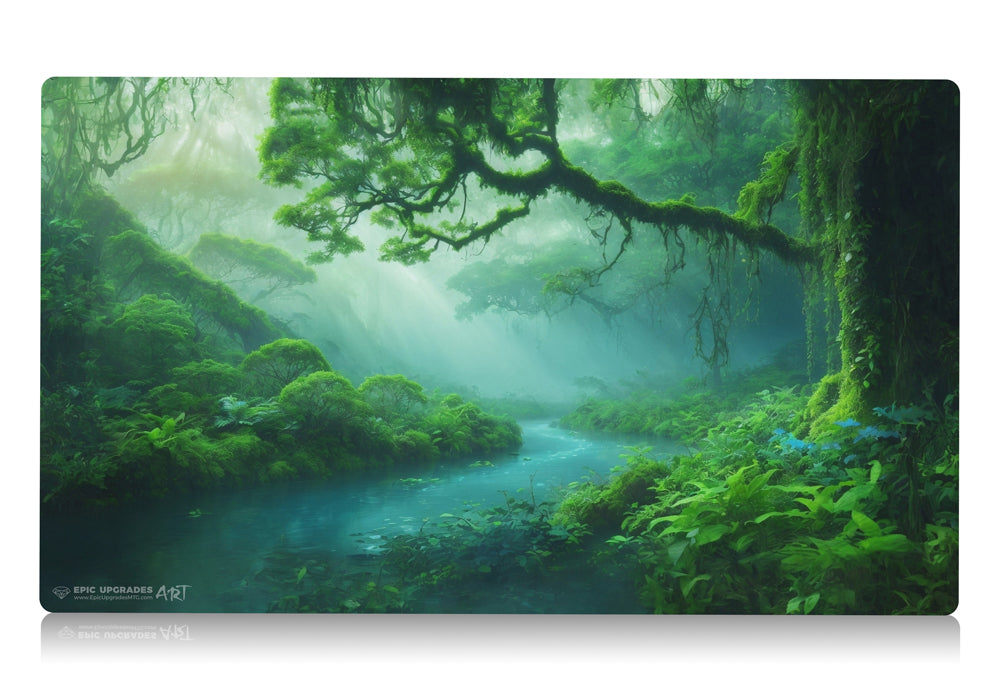 a breathtaking depiction of simic misty rainforest green blue forest island. dual land mana mtg player playmat. 24 by 14 inches cloth top rubber bottom.