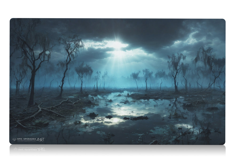 a breathtaking depiction of dimir polluted delta blue black island swamp. dual land mana mtg player playmat. 24 by 14 inches cloth top rubber bottom.