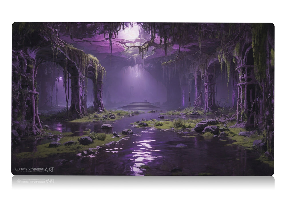 a breathtaking depiction of golgari verdant catacombs green black forest swamp. dual land mana mtg player playmat. 24 by 14 inches cloth top rubber bottom.