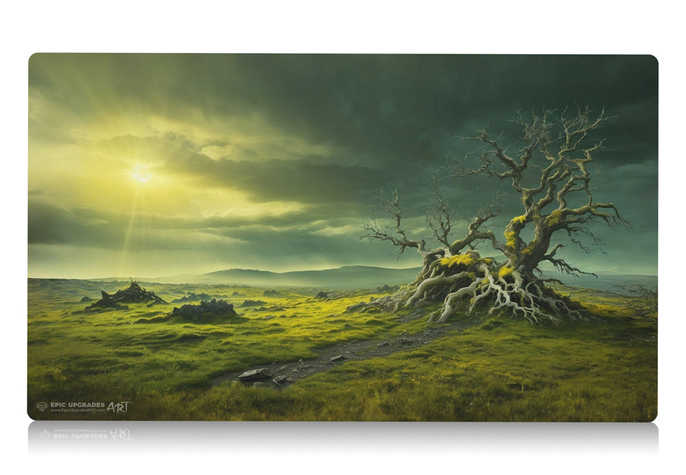 a breathtaking depiction of windswept heath selesnya white green plains forest. dual land mana mtg player playmat. 24 by 14 inches cloth top rubber bottom.