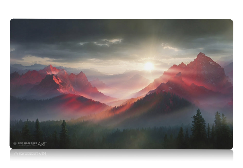 a breathtaking depiction of wooded foothills green red gruul forest mountain. dual land mana mtg player playmat. 24 by 14 inches cloth top rubber bottom.