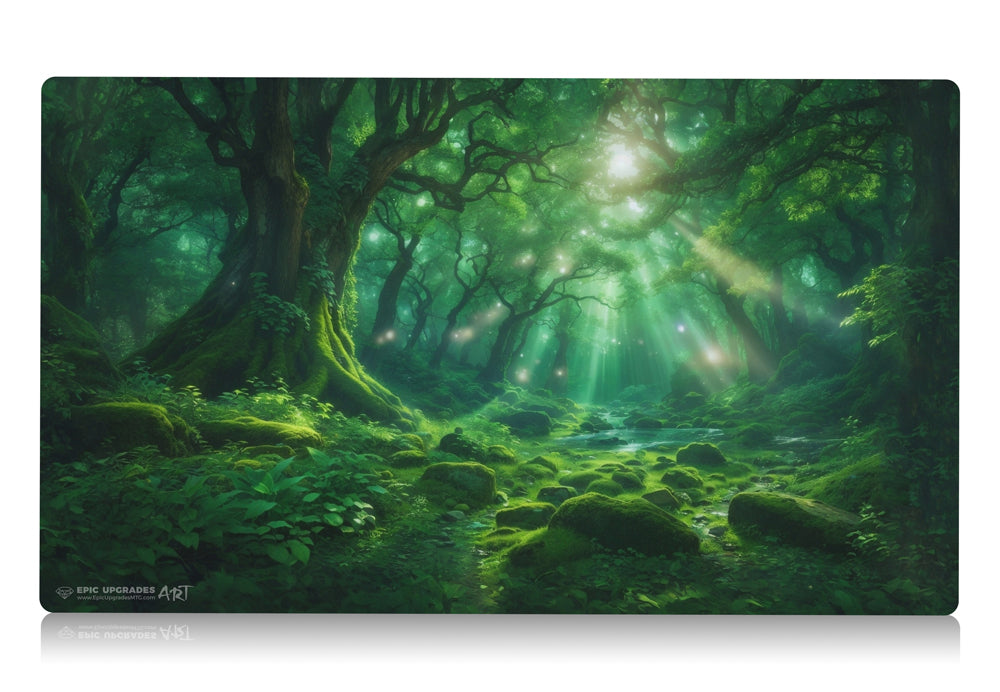 a beautiful green forest. mono green mana mtg player playmat. 24 by 14 inches cloth top rubber bottom.