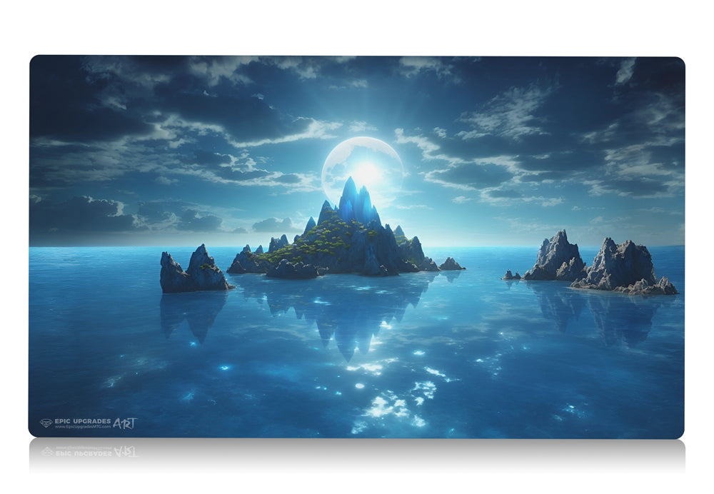 a beautiful blue island on the ocean. mono blue mana mtg player playmat. 24 by 14 inches cloth top rubber bottom.