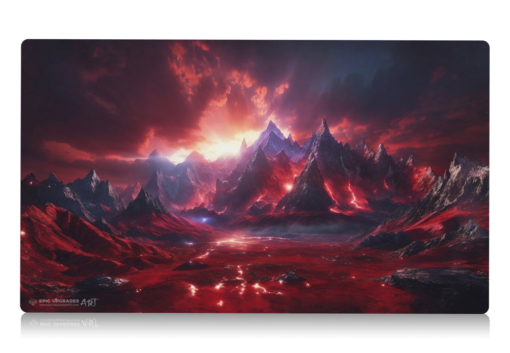 a beautiful red mountain range with molten lava. mono red mana mtg player playmat. 24 by 14 inches cloth top rubber bottom.