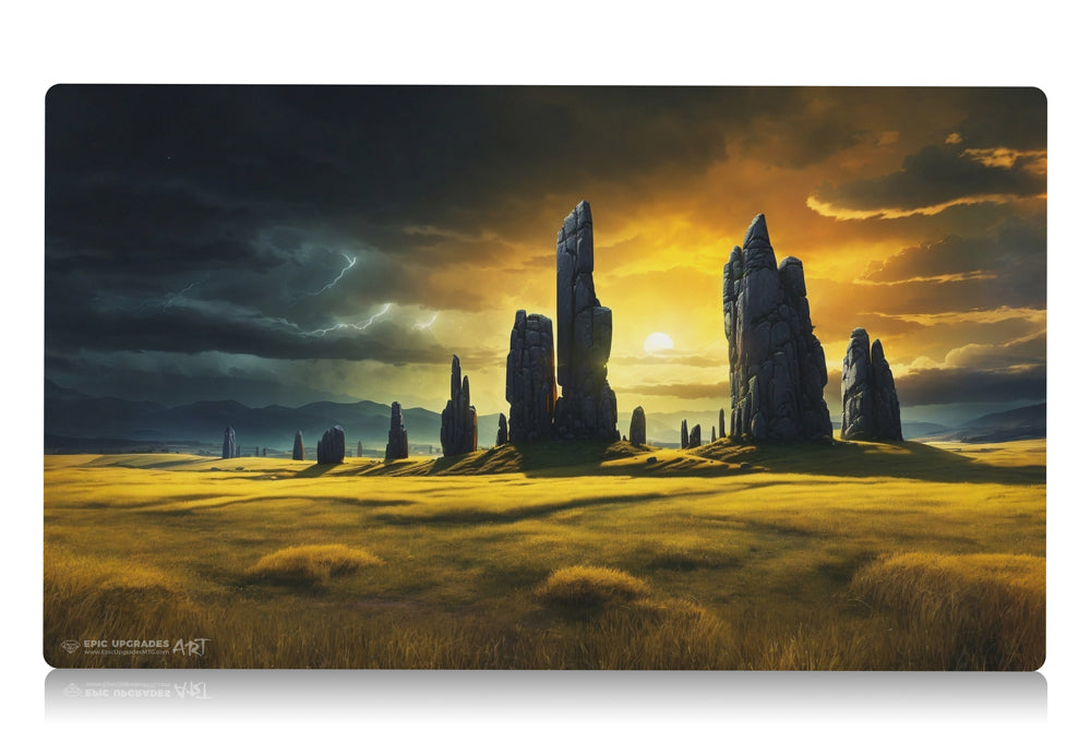 a beautiful yellow plains with monoliths and a storm brewing. mono white mana mtg player playmat. 24 by 14 inches cloth top rubber bottom.