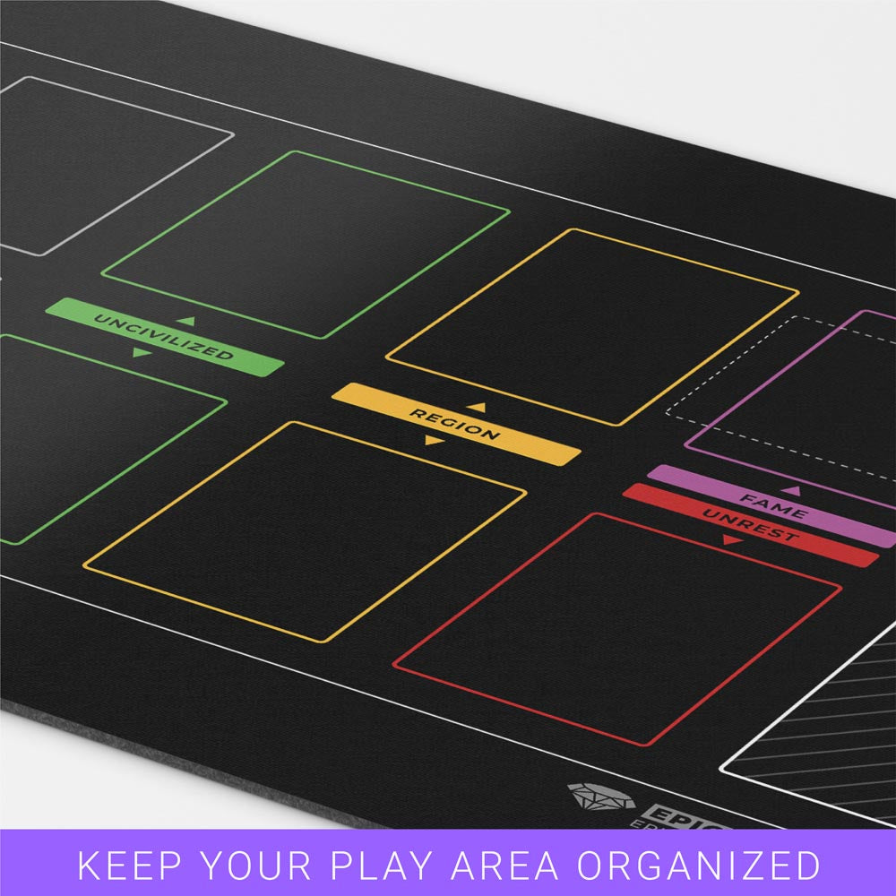 imperium horizons, classics, or legends themed black playmat used for organizing the marketplace in multiplayer tabletop gameplay. Card organization game mat accessory 24 inches by 14 inches. 2MM Thick