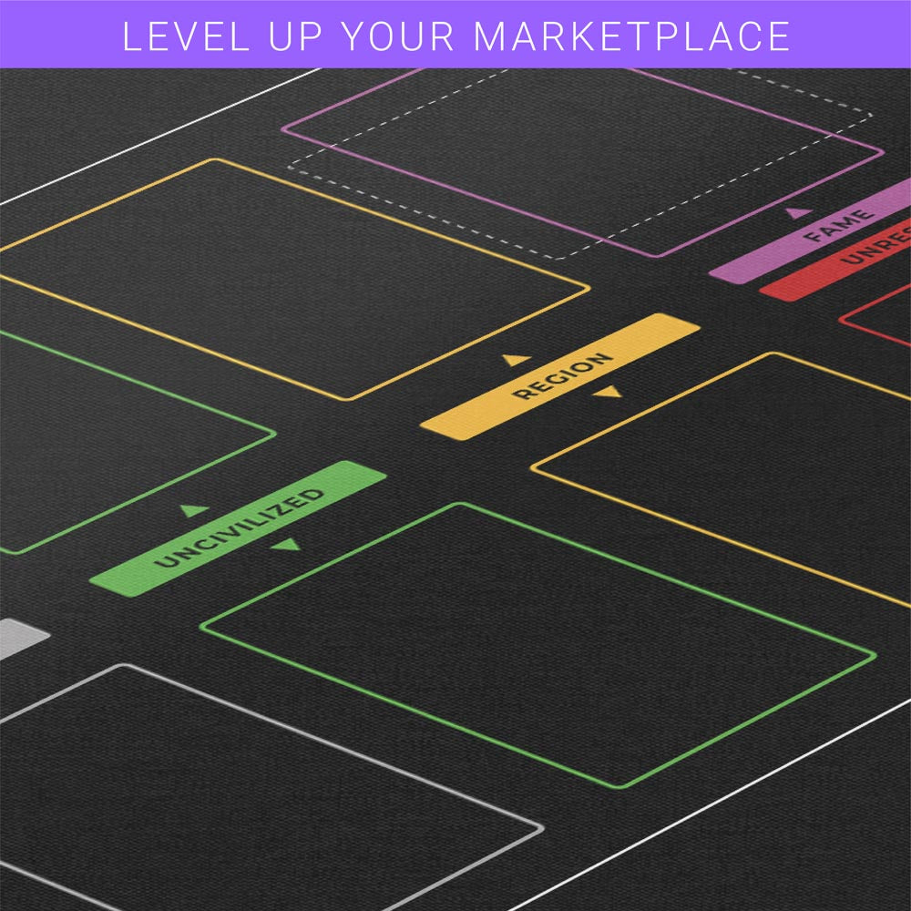 imperium horizons, classics, or legends themed black playmat used for organizing the marketplace in multiplayer tabletop gameplay. Card organization game mat accessory 24 inches by 14 inches. 2MM Thick