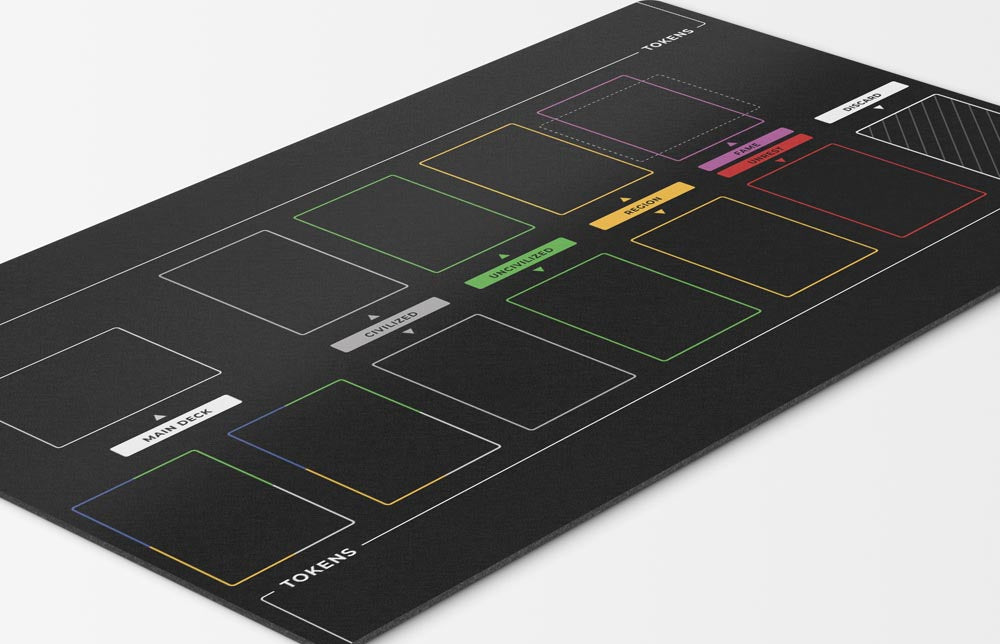 imperium horizons, classics, or legends themed black playmat used for organizing the marketplace in multiplayer tabletop gameplay. Card organization game mat accessory 24 inches by 14 inches. 2MM Thick