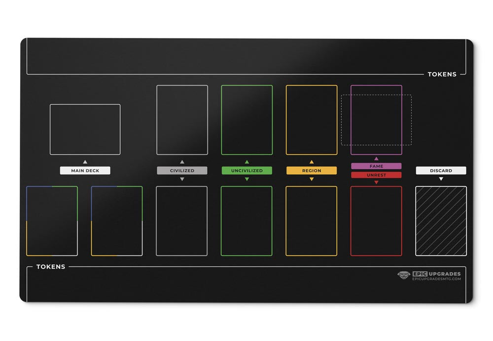 imperium horizons, classics, or legends themed black playmat used for organizing the marketplace in multiplayer tabletop gameplay. Card organization game mat accessory 24 inches by 14 inches. 2MM Thick