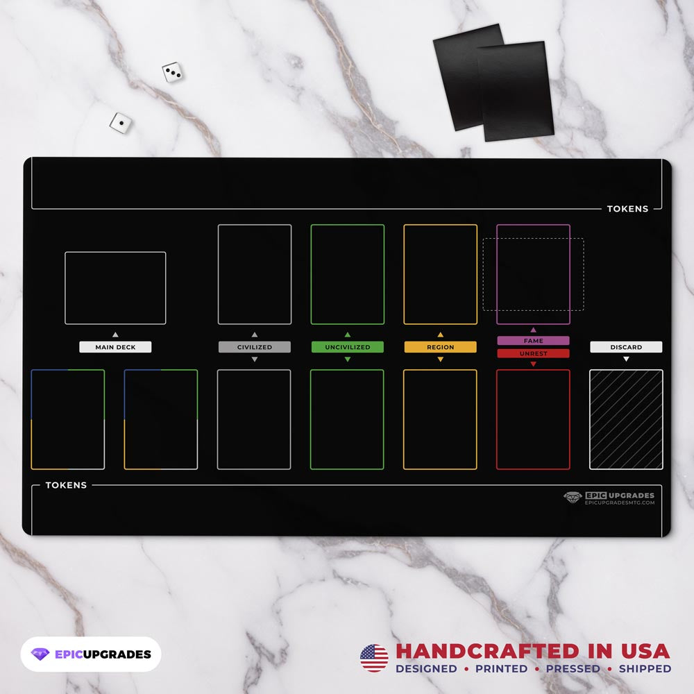 imperium horizons, classics, or legends themed black playmat used for organizing the marketplace in multiplayer tabletop gameplay. Card organization game mat accessory 24 inches by 14 inches. 2MM Thick