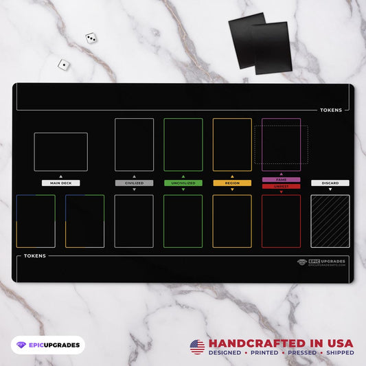 imperium horizons, classics, or legends themed black playmat used for organizing the marketplace in multiplayer tabletop gameplay. Card organization game mat accessory 24 inches by 14 inches. 2MM Thick