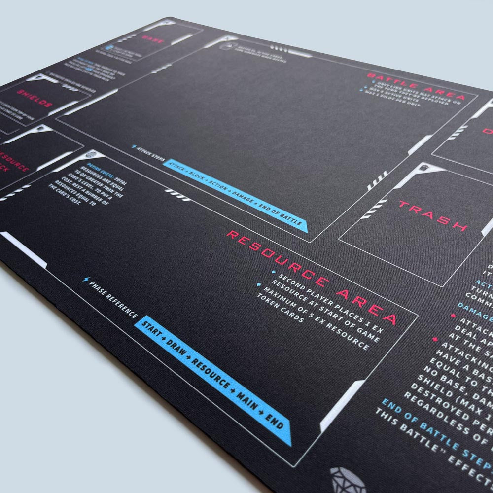 Beginner playmat for Gundam TCG players. Perfect for newcomers learning zones, phases, keywords, and gameplay flow. 24x14 inch size makes it easy to use and store. Great learning tool or gift for new players of the Gundam card game.