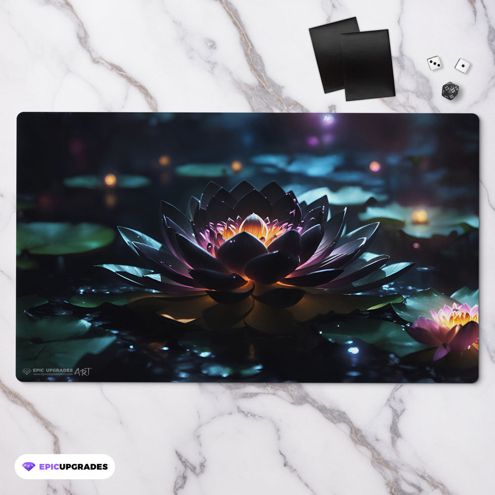 a beautiful black lotus resembling the iconic magic the gathering card. beautiful mtg flower on a body of water in the background. 24 inch by 14 inch play mat