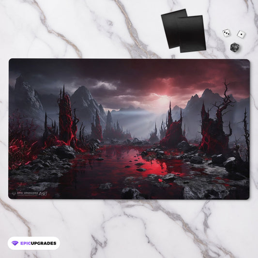 a breathtaking depiction of rakdos bloodstained mire red and black swamp mountains. dual land mana mtg player playmat. 24 by 14 inches cloth top rubber bottom.