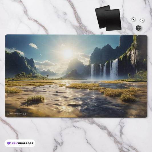 a breathtaking depiction of azorius flooded strand white blue plains island. dual land mana mtg player playmat. 24 by 14 inches cloth top rubber bottom.