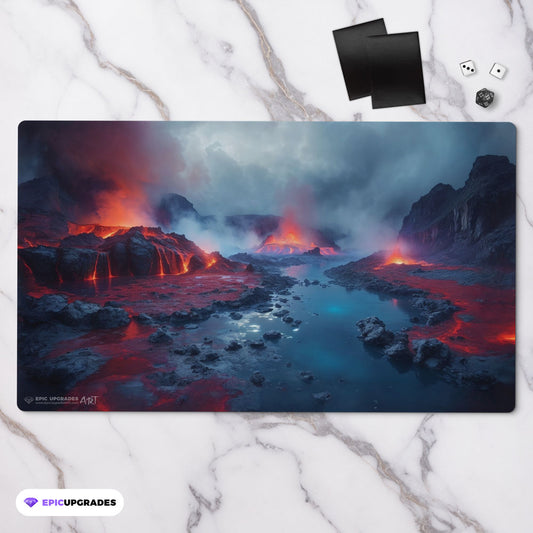 a breathtaking depiction of izzet scalding tarn red blue mountain island. dual land mana mtg player playmat. 24 by 14 inches cloth top rubber bottom.