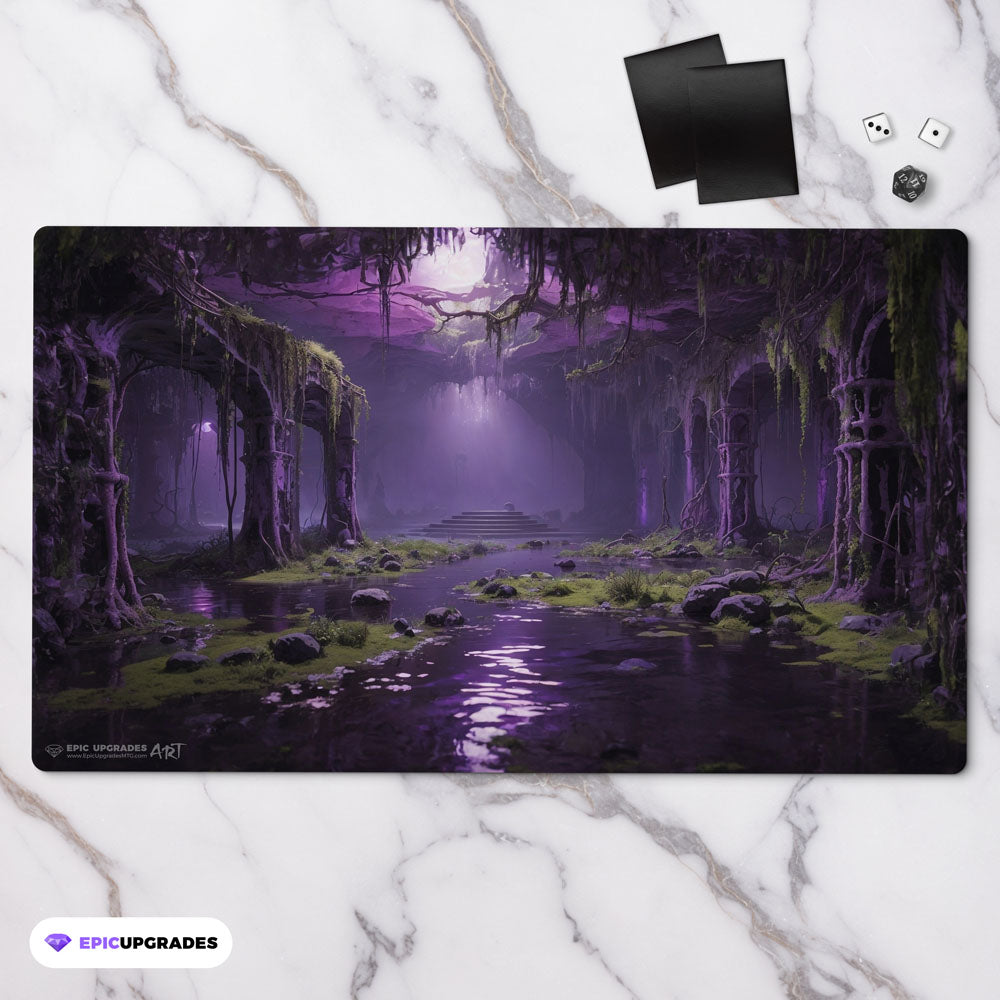 a breathtaking depiction of golgari verdant catacombs green black forest swamp. dual land mana mtg player playmat. 24 by 14 inches cloth top rubber bottom.