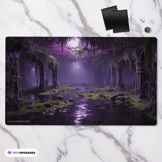 a breathtaking depiction of golgari verdant catacombs green black forest swamp. dual land mana mtg player playmat. 24 by 14 inches cloth top rubber bottom.