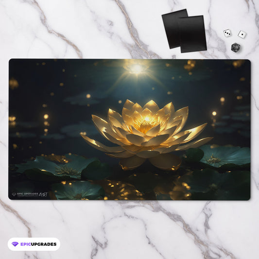 a beautiful scene with a golden gilded lotus inspired by the iconic edh commander card. mtg play mat 24 inches by 14 inches