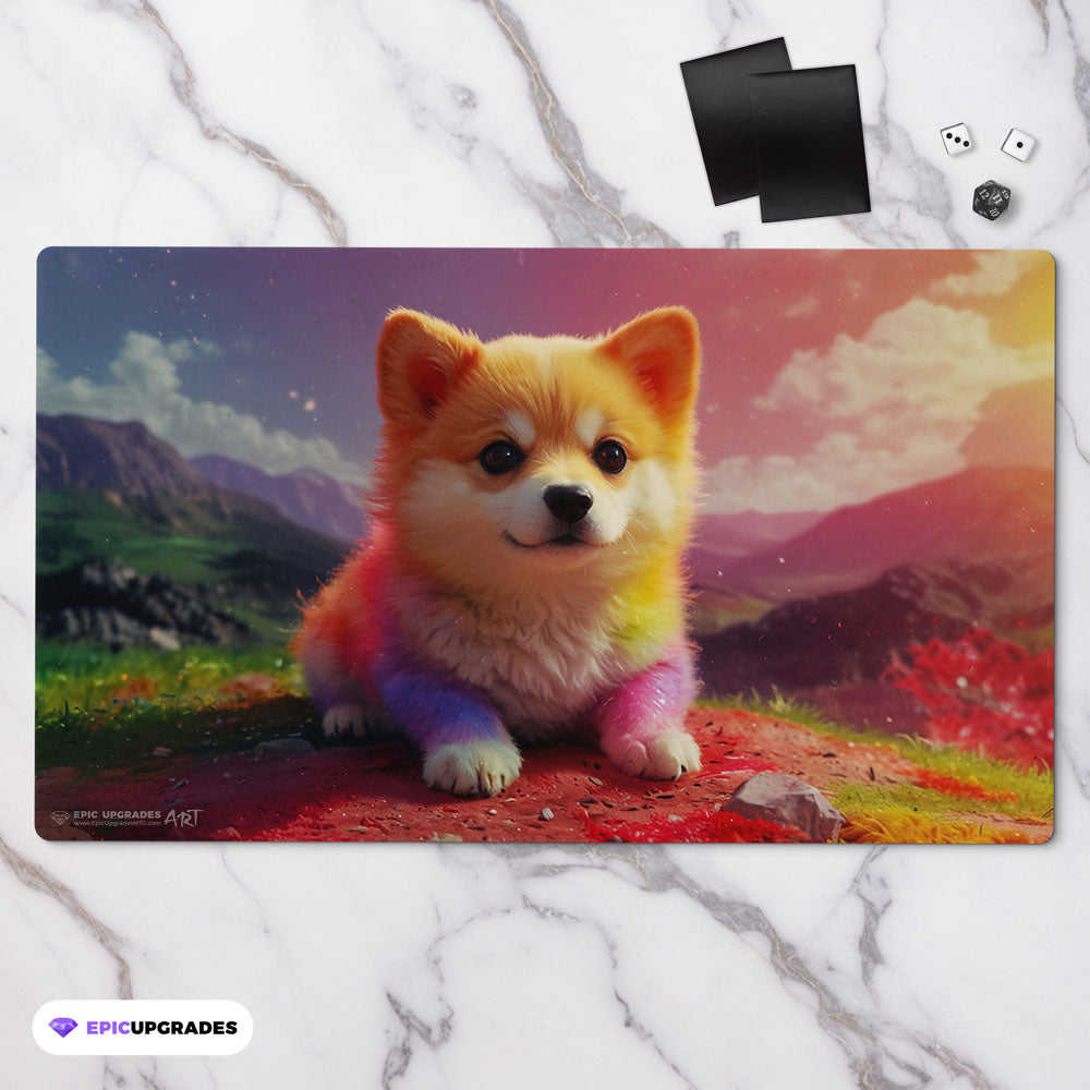 Prismatic Pals - Cute Corgi Dog Playmat | 24"x14" Rainbow Card Mat Prismatic Pals - Cute Corgi Dog Playmat | 24"x14" Rainbow Card Mat