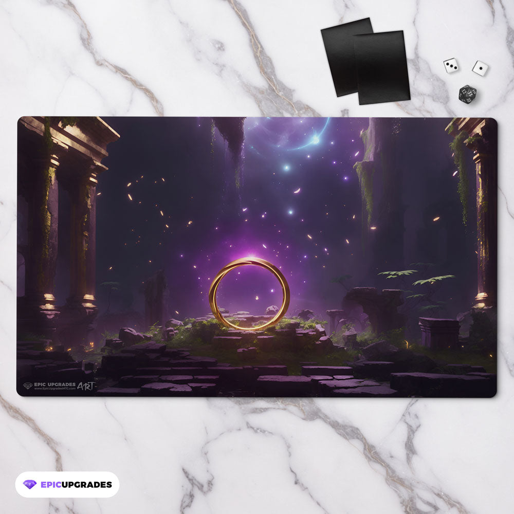 a beautiful scene with a sol ring inspired by the iconic edh commander card. mana rock floating in ancient ruins. mtg play mat 24 inches by 14 inches