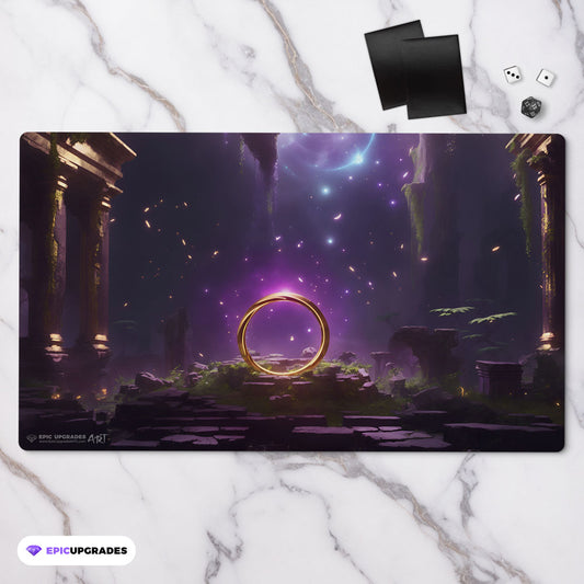 a beautiful scene with a sol ring inspired by the iconic edh commander card. mana rock floating in ancient ruins. mtg play mat 24 inches by 14 inches