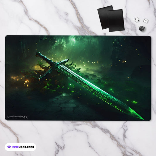 a glorious green and black sword resting on a patch of ground. inspired by the iconic EDH sword of feast and famine equipment card mtg commander play mat 24 inches by 14 inches