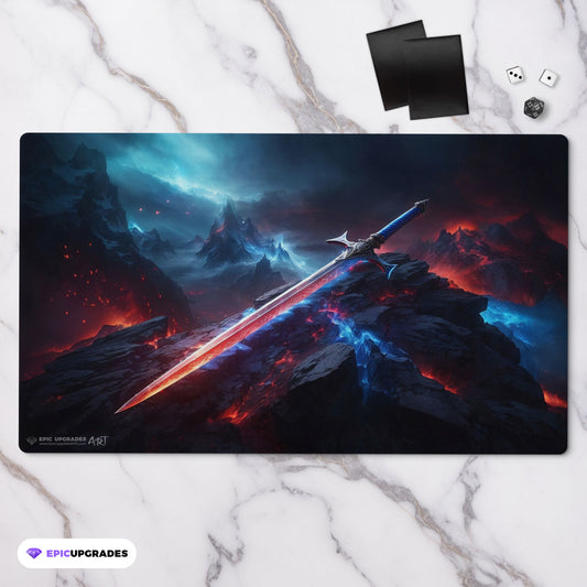 a glorious red and blue fiery and cold sword resting on a patch of burning and frozen ground. inspired by the iconic EDH sword of fire and ice equipment card mtg commander play mat 24 inches by 14 inches