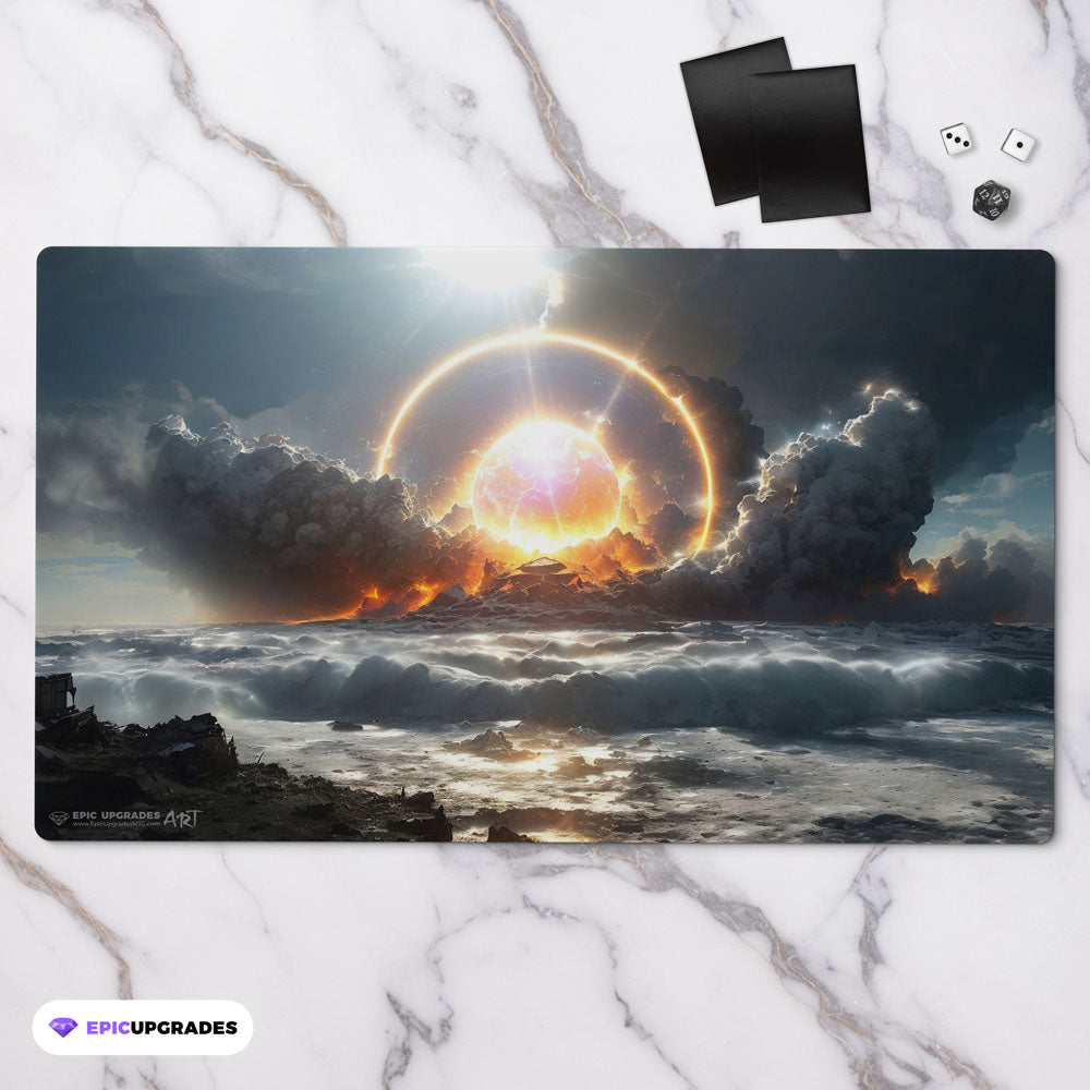 An emormous ball of godly wrath strikes the ground creating mass destruction. white mana board wipe wrath of god inspired by the iconic edh control card. mtg commander play mat 24 inches by 14 inches